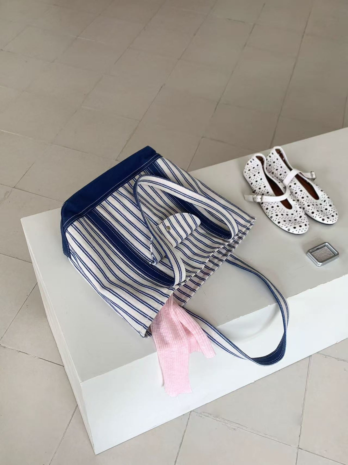 Stripe Canvas Tote Bag with Flap Pocket — BL1129