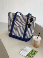 Stripe Canvas Tote Bag with Flap Pocket — BL1129
