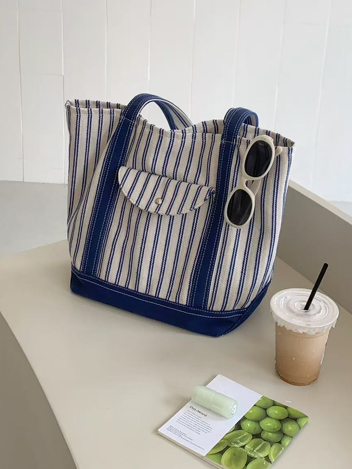 Stripe Canvas Tote Bag with Flap Pocket — BL1129