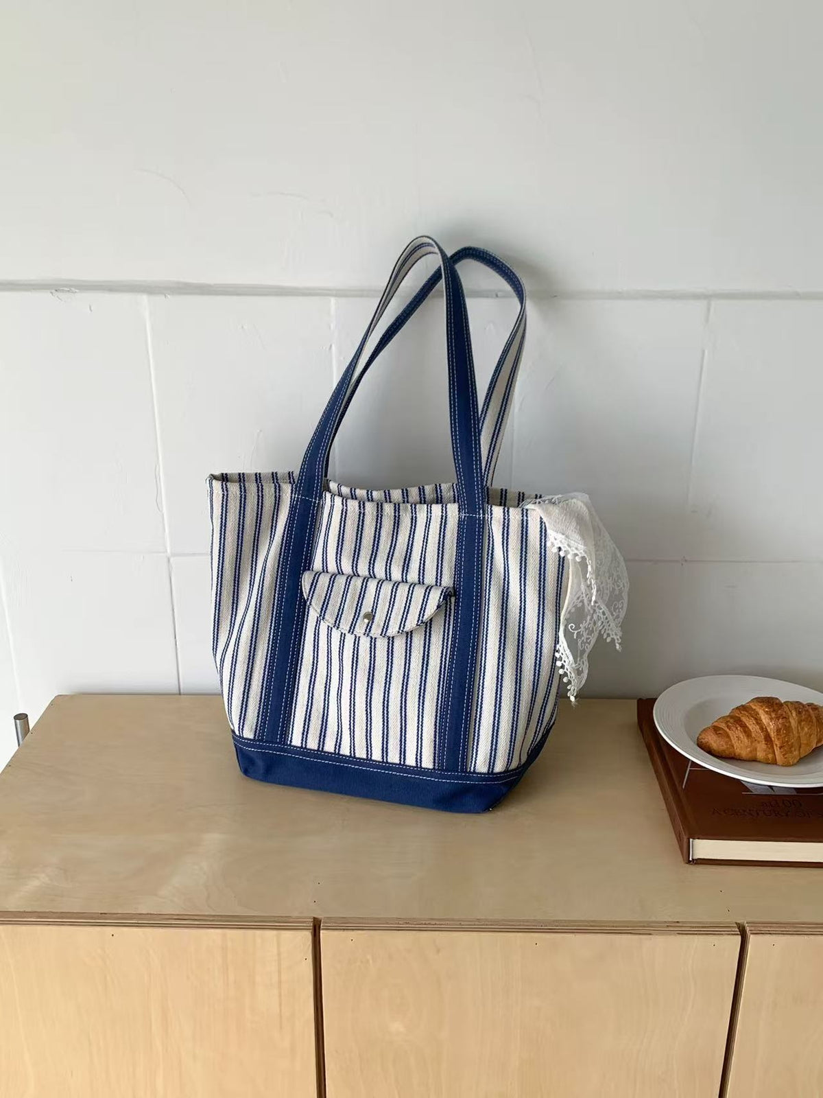 Stripe Canvas Tote Bag with Flap Pocket — BL1129