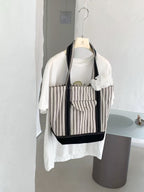 Stripe Canvas Tote Bag with Flap Pocket — BL1129