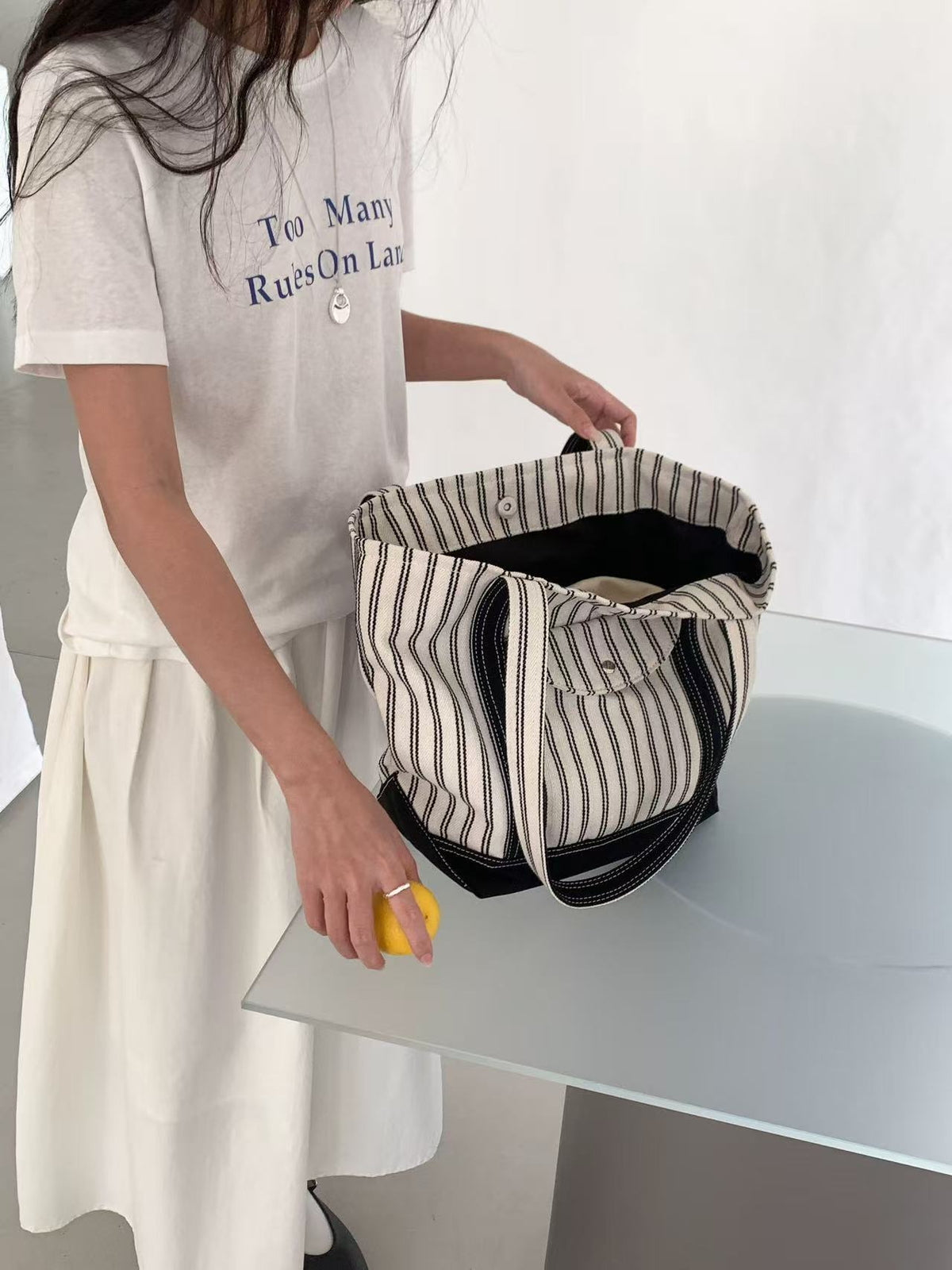 Stripe Canvas Tote Bag with Flap Pocket — BL1129