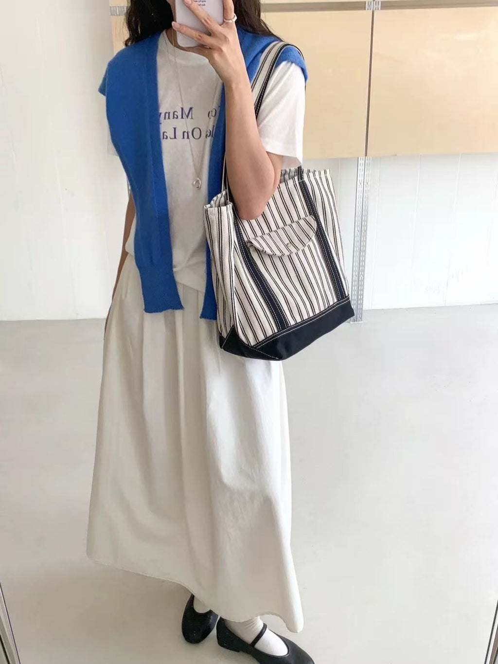 Stripe Canvas Tote Bag with Flap Pocket — BL1129