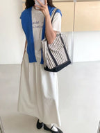 Stripe Canvas Tote Bag with Flap Pocket — BL1129
