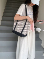 Stripe Canvas Tote Bag with Flap Pocket — BL1129