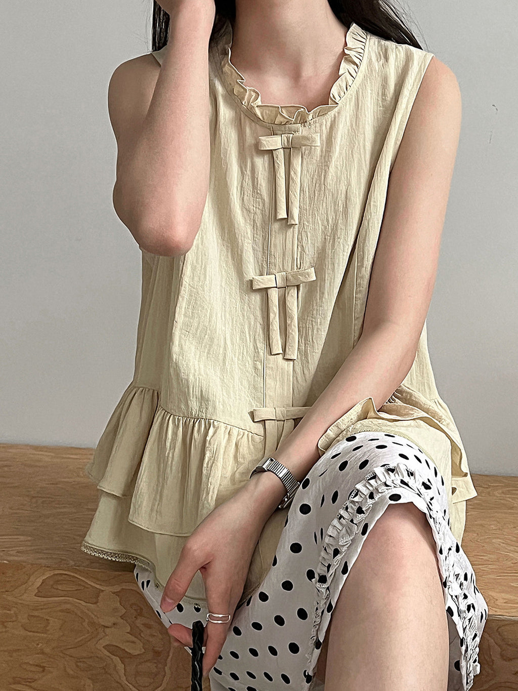 Delicate Ribbon Frill Sleeveless Blouse — BL1133