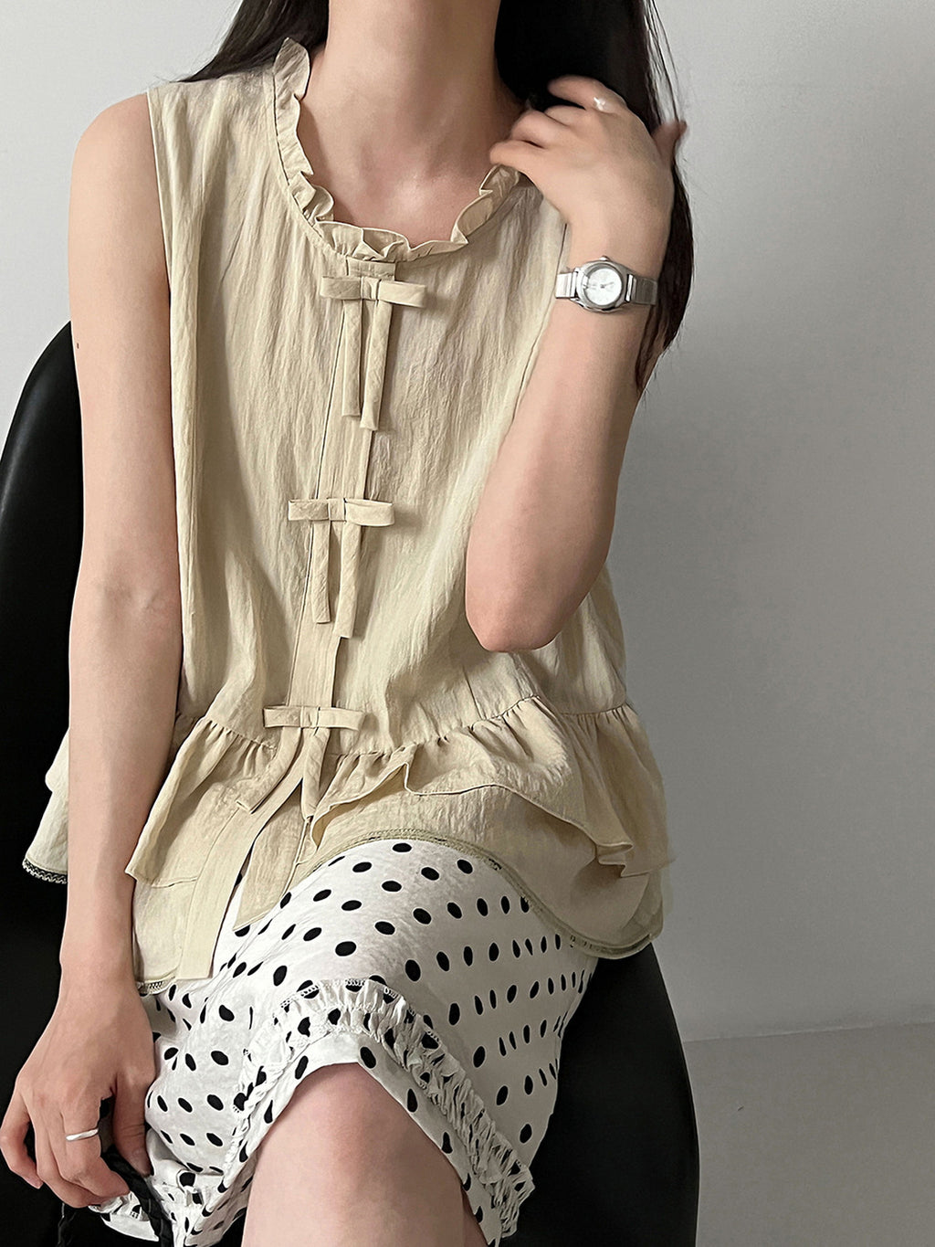 Delicate Ribbon Frill Sleeveless Blouse — BL1133