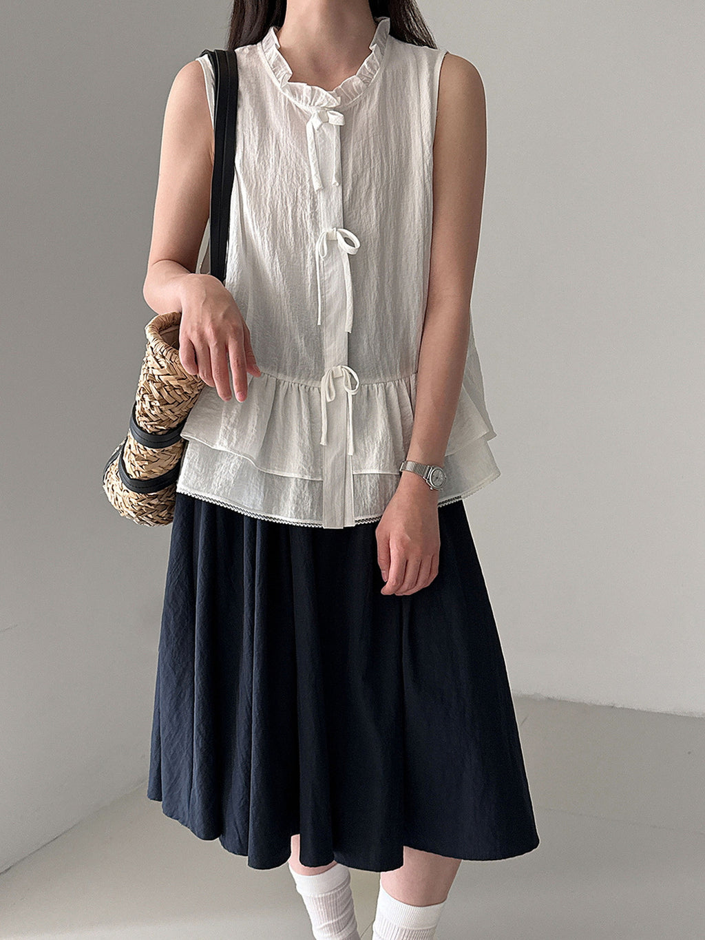Delicate Ribbon Frill Sleeveless Blouse — BL1133