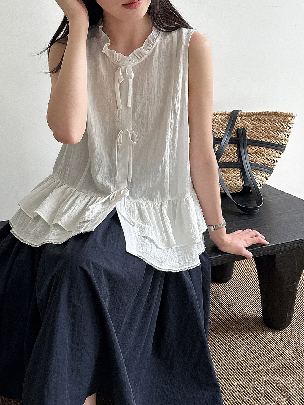 Delicate Ribbon Frill Sleeveless Blouse — BL1133