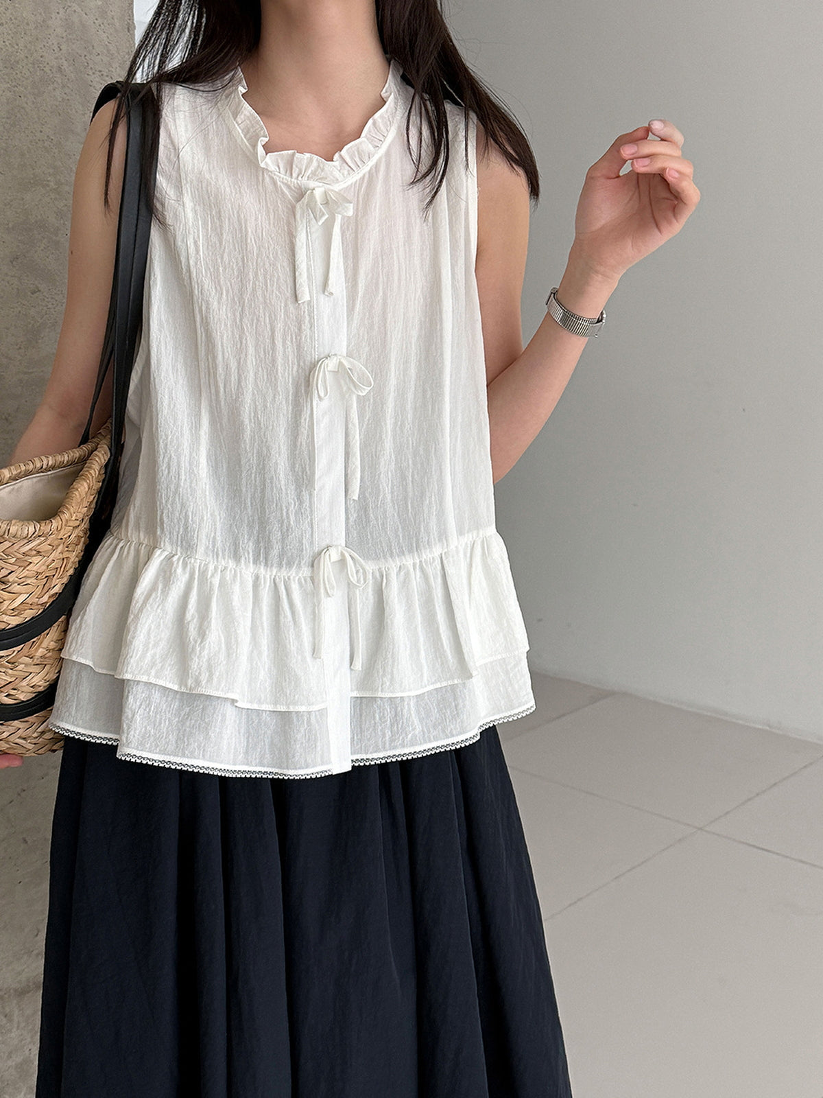 Delicate Ribbon Frill Sleeveless Blouse — BL1133