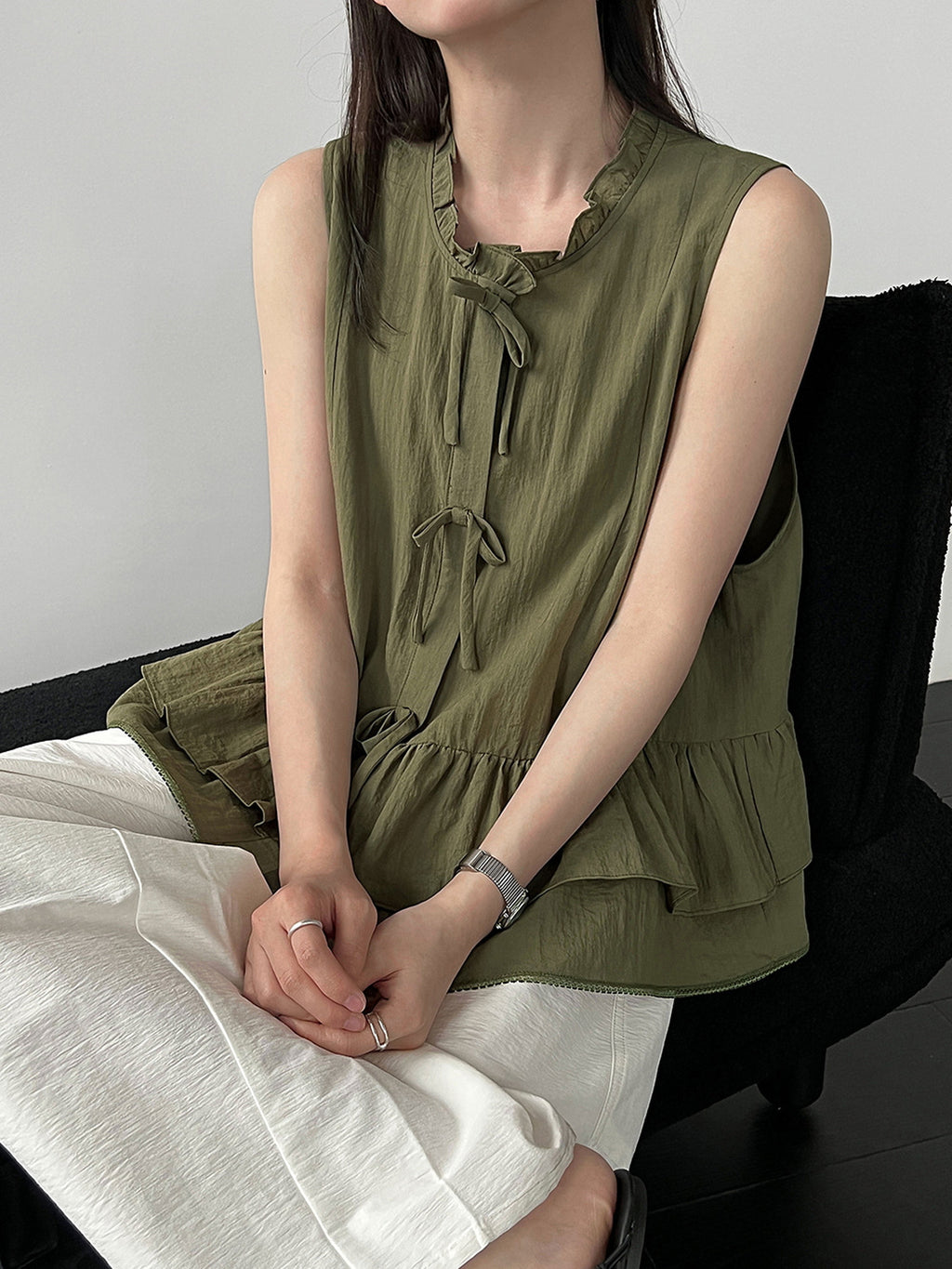 Delicate Ribbon Frill Sleeveless Blouse — BL1133
