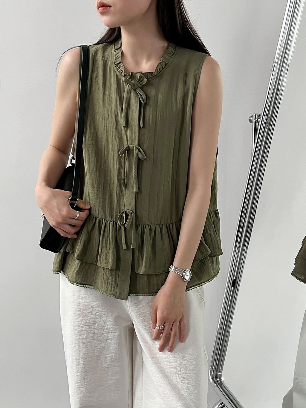 Delicate Ribbon Frill Sleeveless Blouse — BL1133
