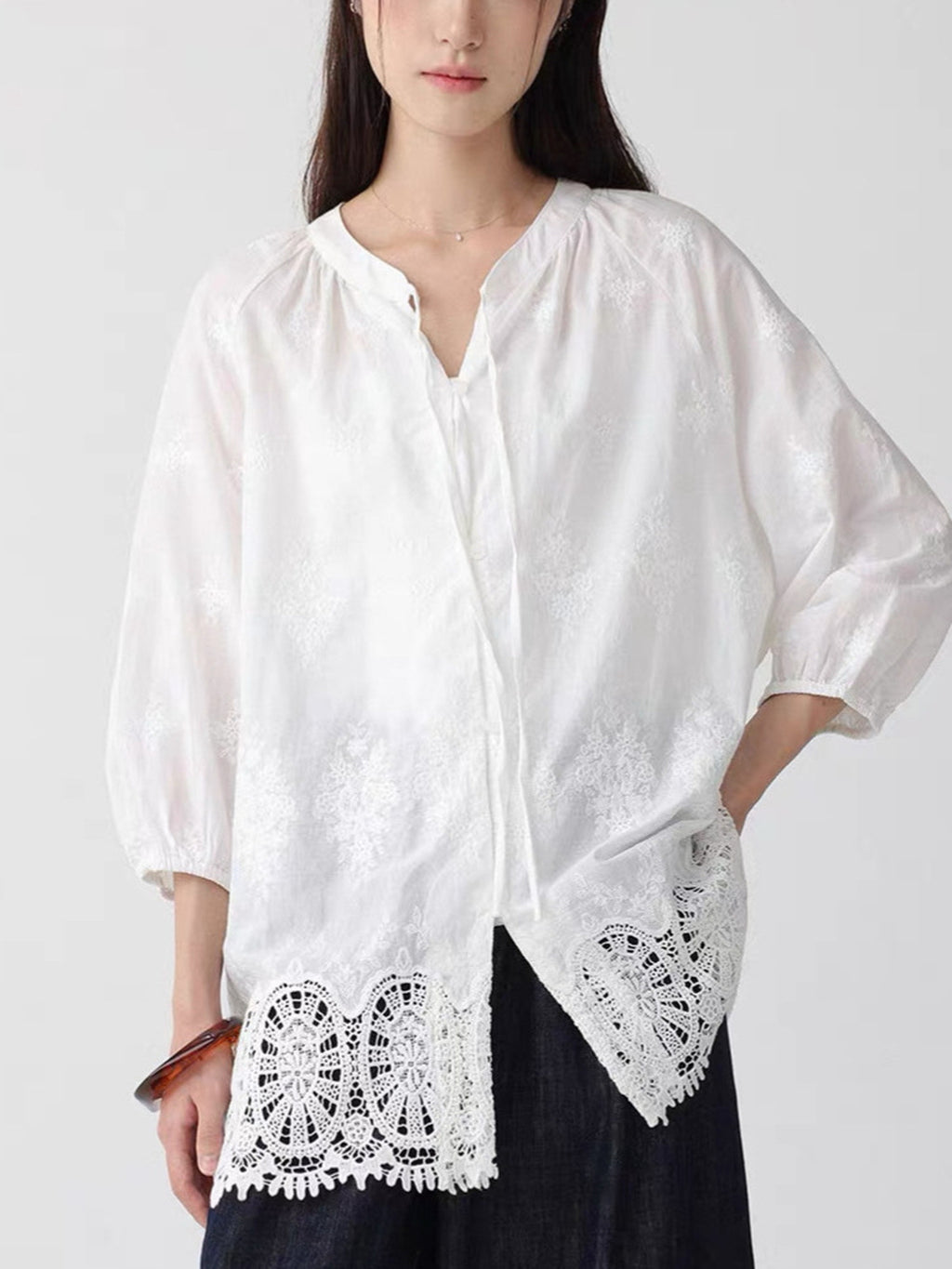 Delicate Bottom Lace Cotton Fluid Blouse — BL1135