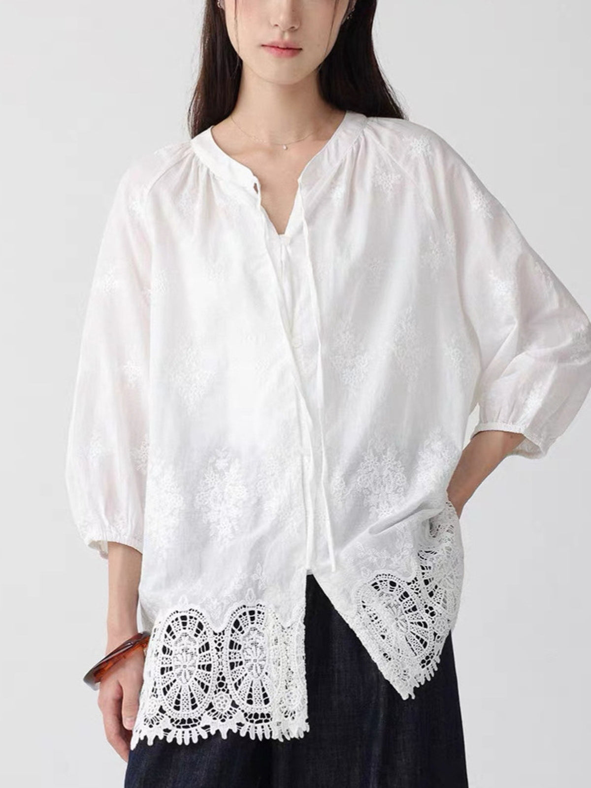 Delicate Bottom Lace Cotton Fluid Blouse — BL1135