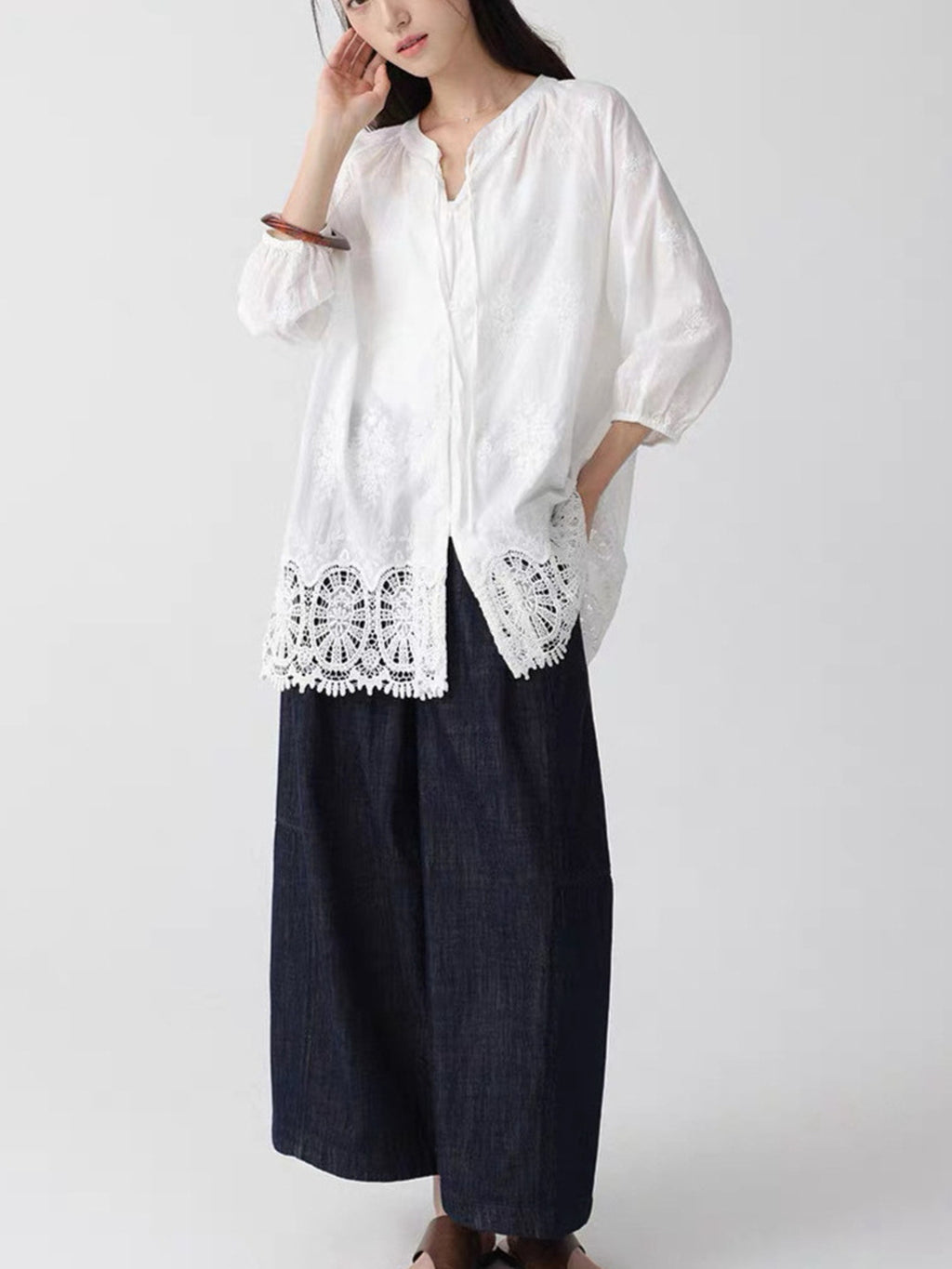 Delicate Bottom Lace Cotton Fluid Blouse — BL1135