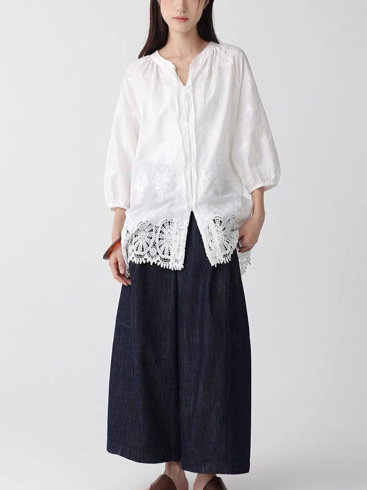Delicate Bottom Lace Cotton Fluid Blouse — BL1135