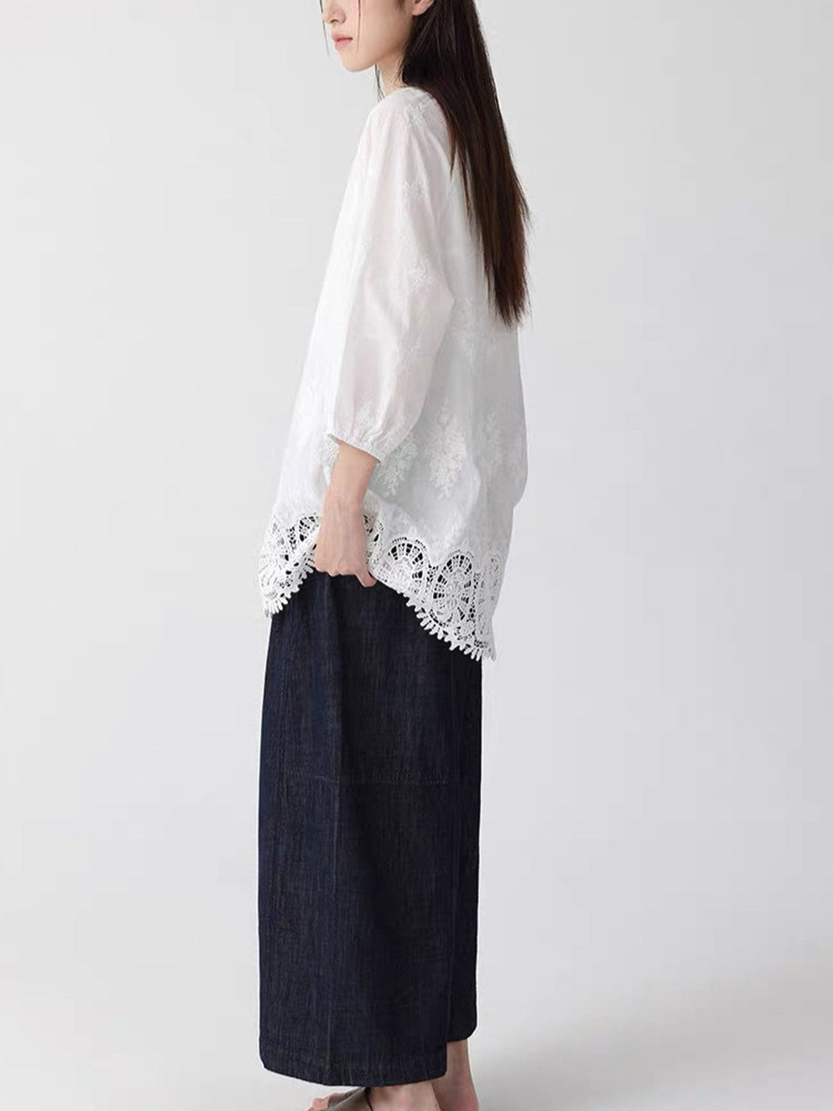 Delicate Bottom Lace Cotton Fluid Blouse — BL1135
