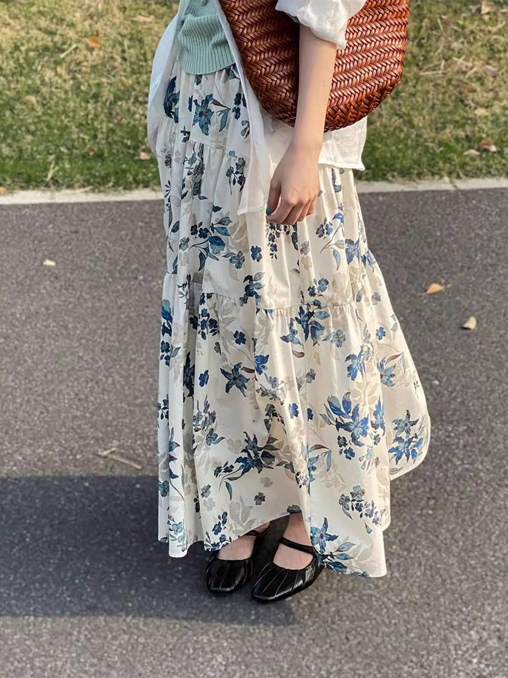 Muted Blue Floral Cotton Tiered Skirt — BL1136