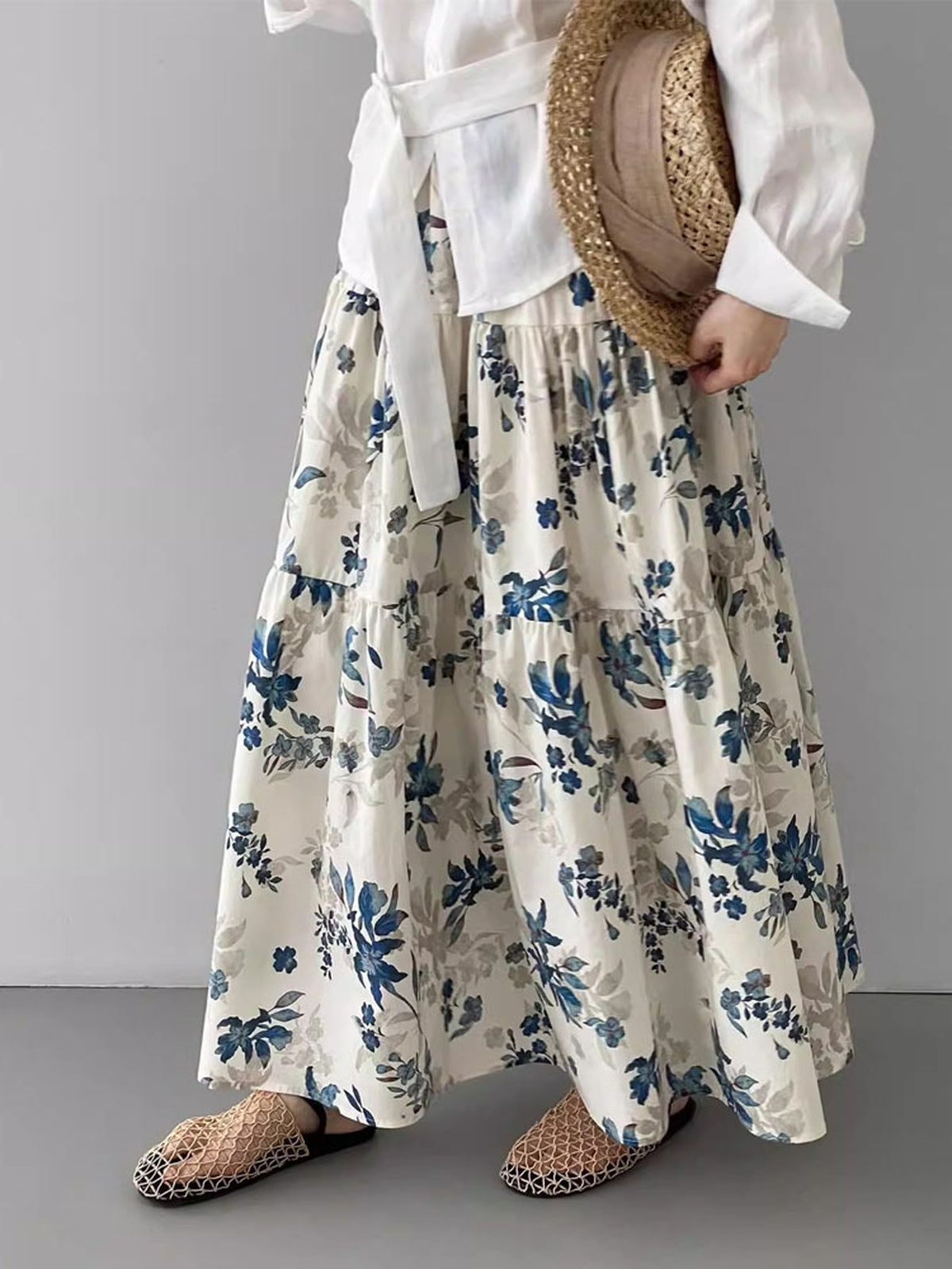 Muted Blue Floral Cotton Tiered Skirt — BL1136