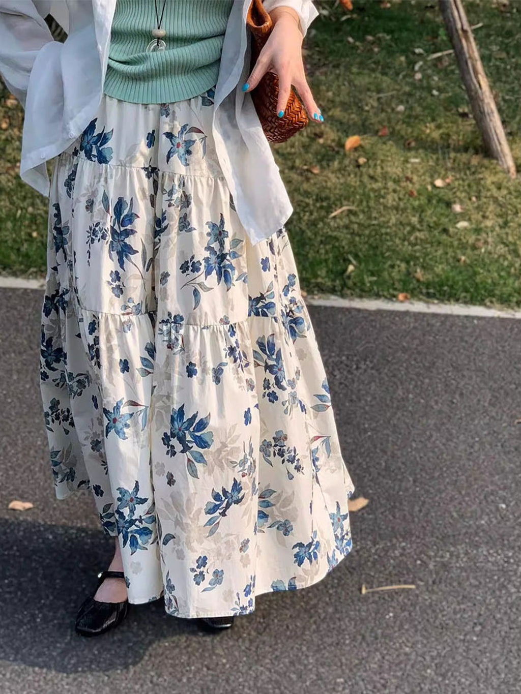 Muted Blue Floral Cotton Tiered Skirt — BL1136