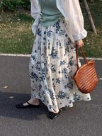 Muted Blue Floral Cotton Tiered Skirt — BL1136