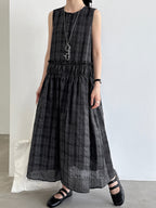 Muted Check Pattern Gathered Fluid Dress — BL1137