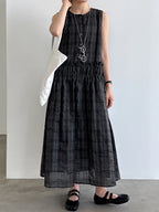Muted Check Pattern Gathered Fluid Dress — BL1137