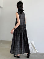 Muted Check Pattern Gathered Fluid Dress — BL1137