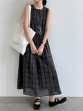 Muted Check Pattern Gathered Fluid Dress — BL1137