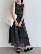 Muted Check Pattern Gathered Fluid Dress — BL1137