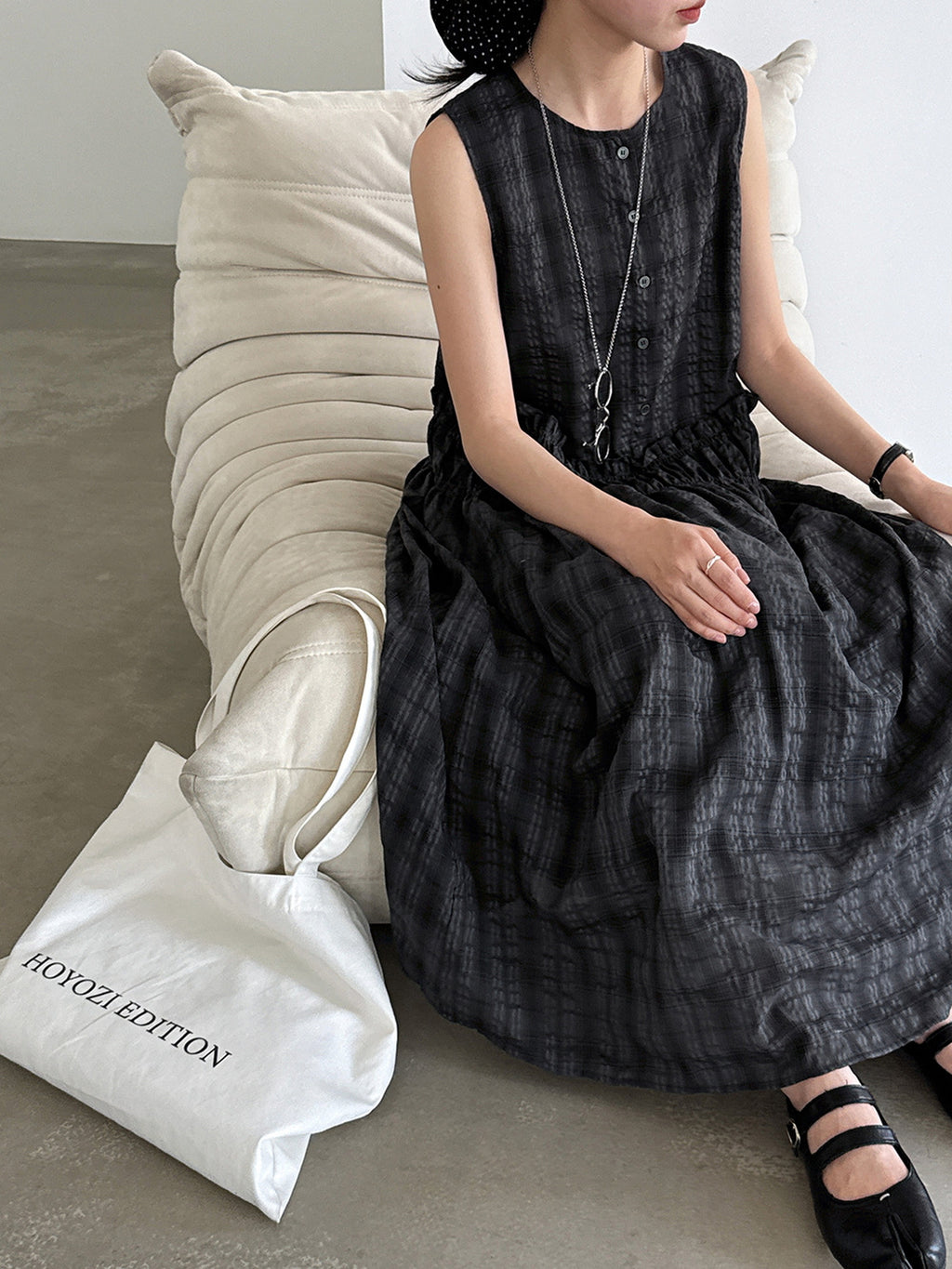 Muted Check Pattern Gathered Fluid Dress — BL1137