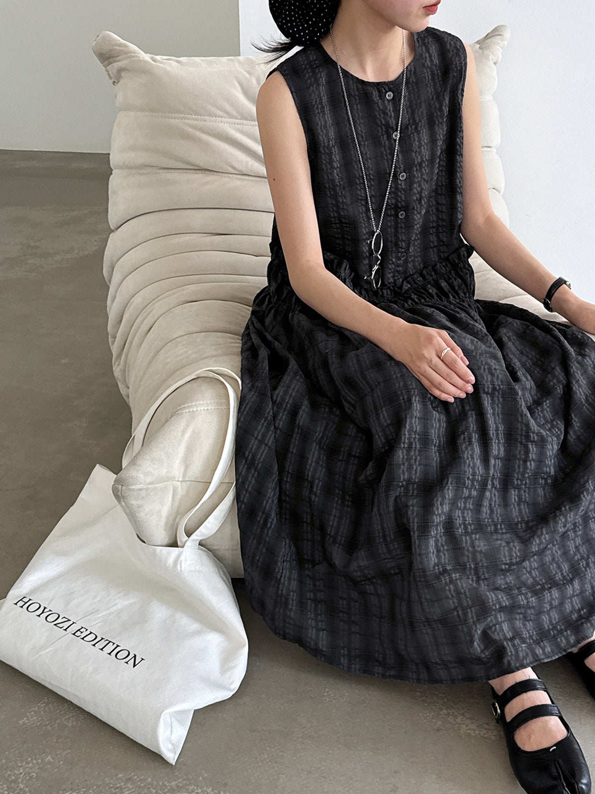 Muted Check Pattern Gathered Fluid Dress — BL1137