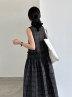 Muted Check Pattern Gathered Fluid Dress — BL1137
