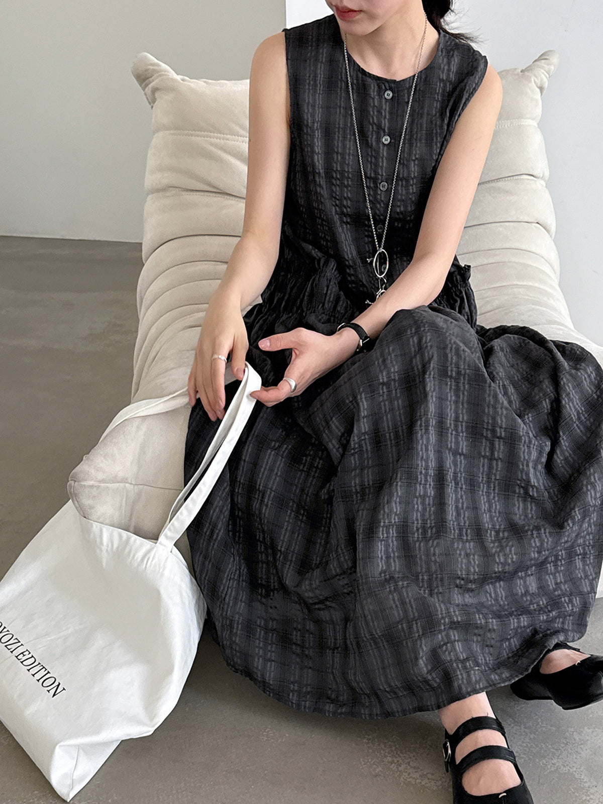 Muted Check Pattern Gathered Fluid Dress — BL1137