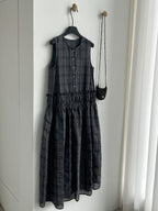 Muted Check Pattern Gathered Fluid Dress — BL1137