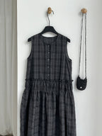 Muted Check Pattern Gathered Fluid Dress — BL1137