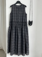 Muted Check Pattern Gathered Fluid Dress — BL1137