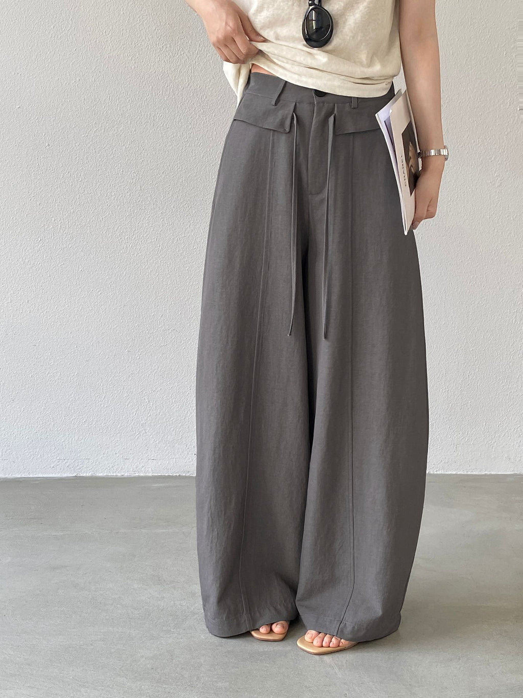 Front Seam Waist Tie Fluid Wide Pants — BL1139