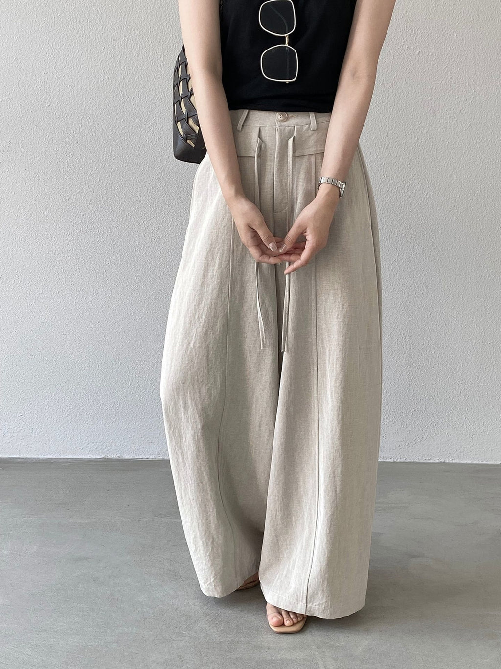 Front Seam Waist Tie Fluid Wide Pants — BL1139