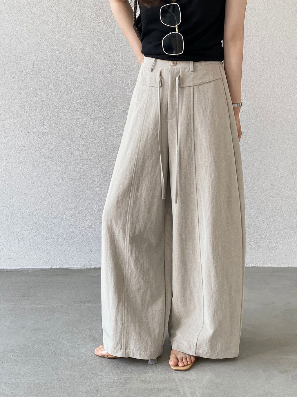 Front Seam Waist Tie Fluid Wide Pants — BL1139