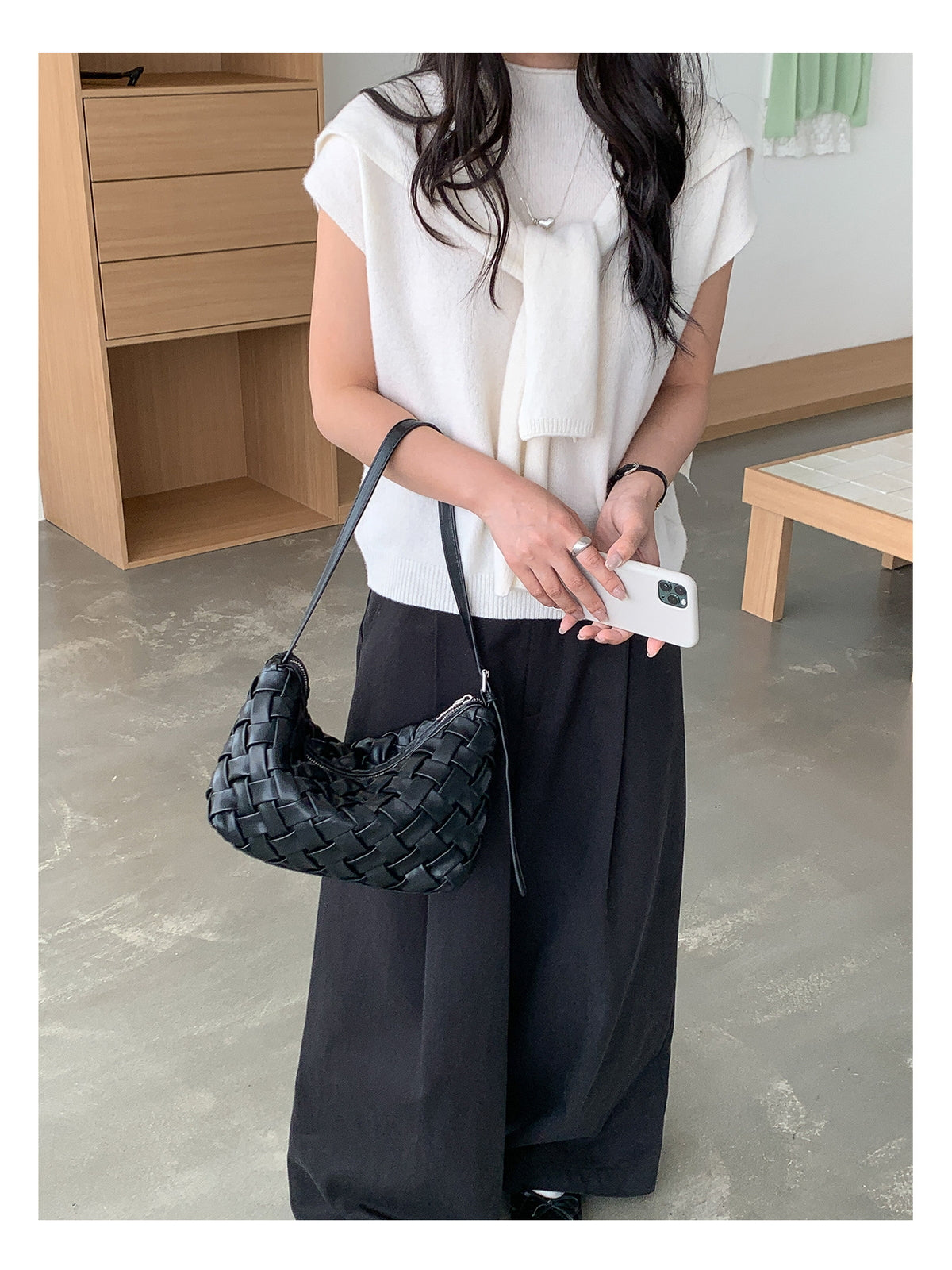 Woven Leather Half Moon Shoulder Bag — BL1140