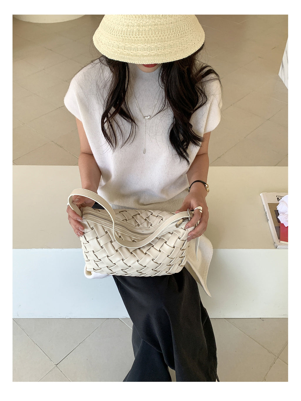 Woven Leather Half Moon Shoulder Bag — BL1140