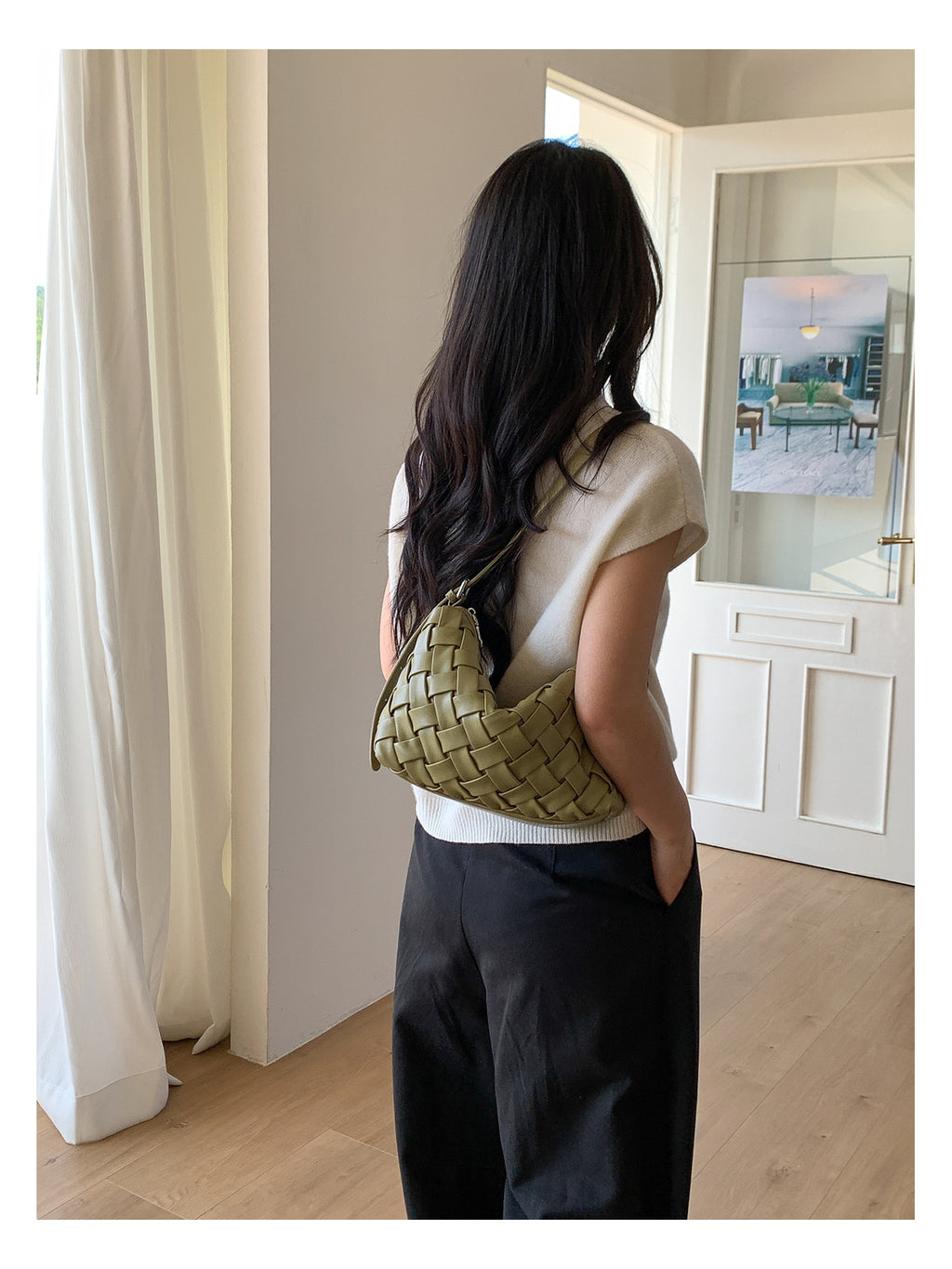 Woven Leather Half Moon Shoulder Bag — BL1140