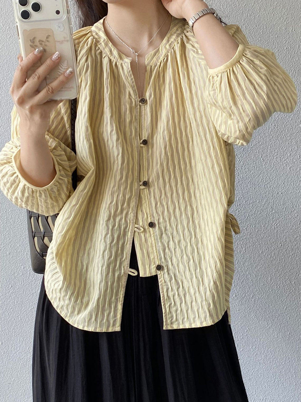 Sheer Stripe Loop Button Fluid Blouse — BL1142