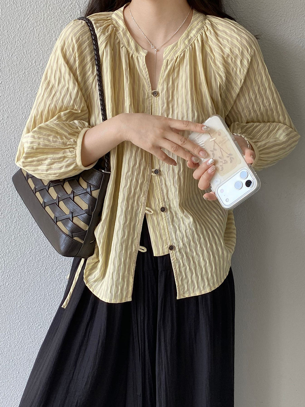 Sheer Stripe Loop Button Fluid Blouse — BL1142