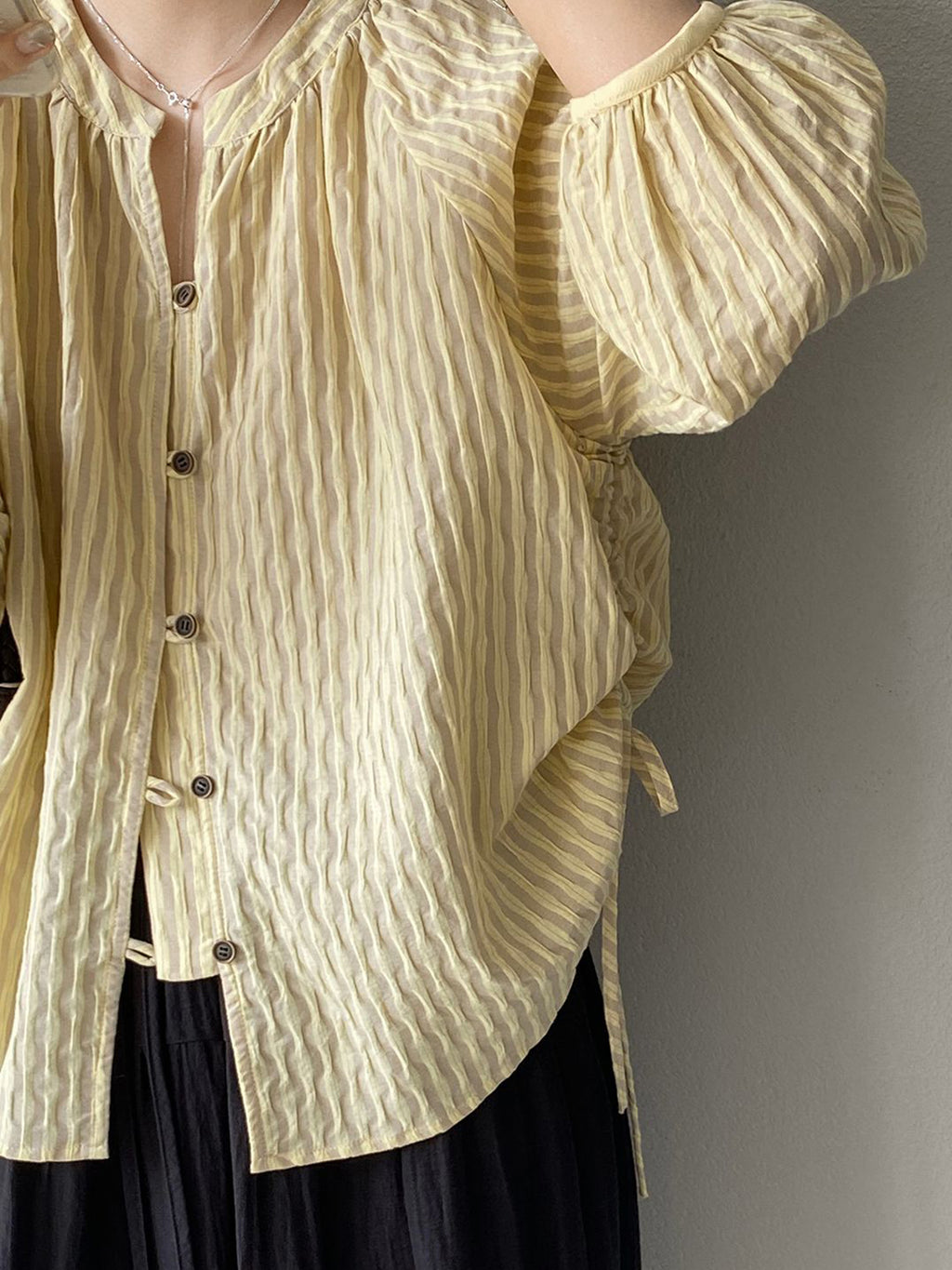 Sheer Stripe Loop Button Fluid Blouse — BL1142