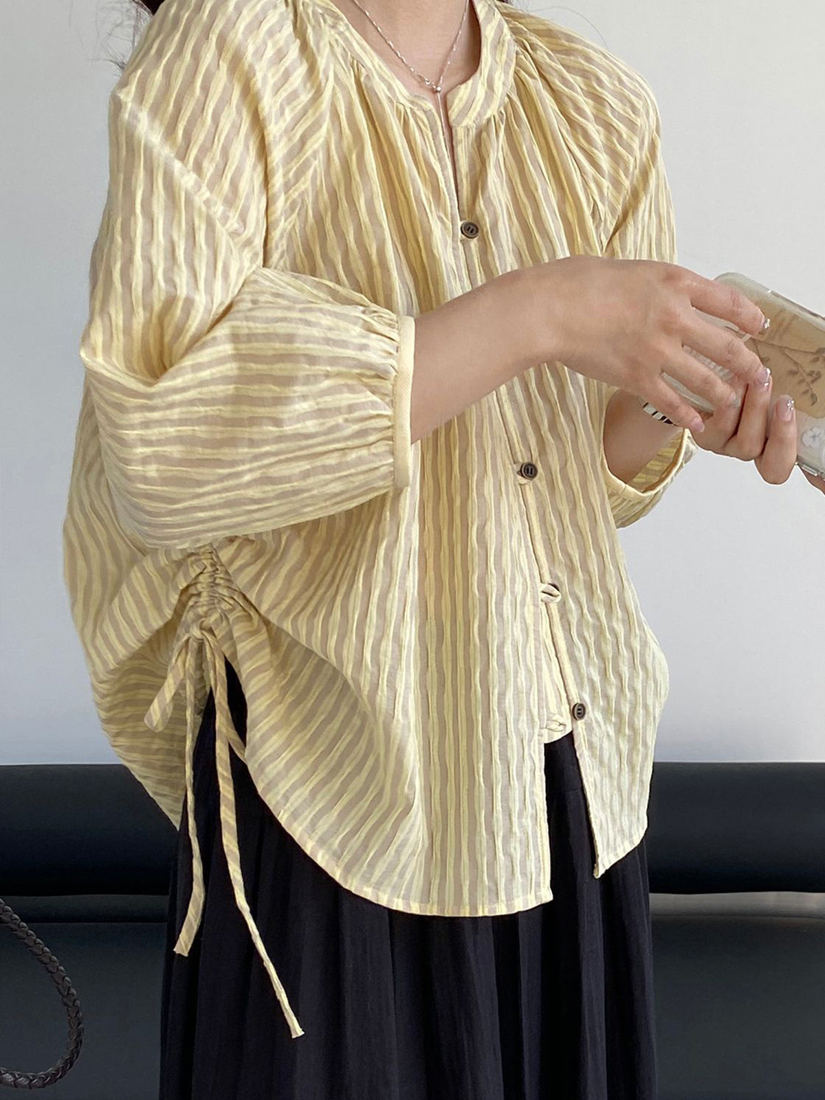 Sheer Stripe Loop Button Fluid Blouse — BL1142