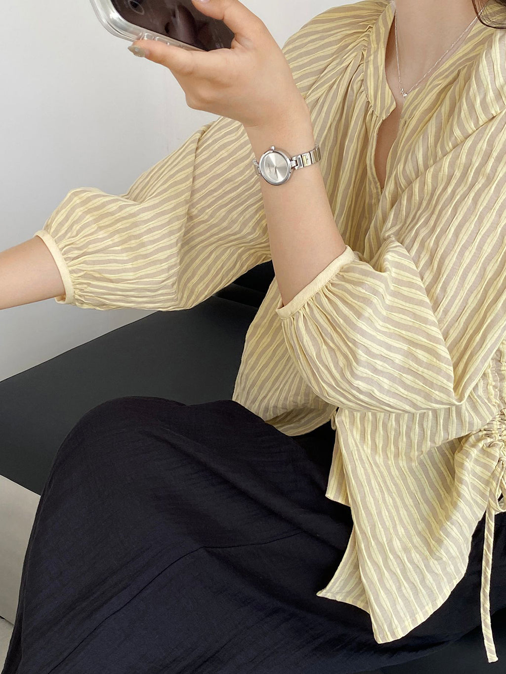Sheer Stripe Loop Button Fluid Blouse — BL1142