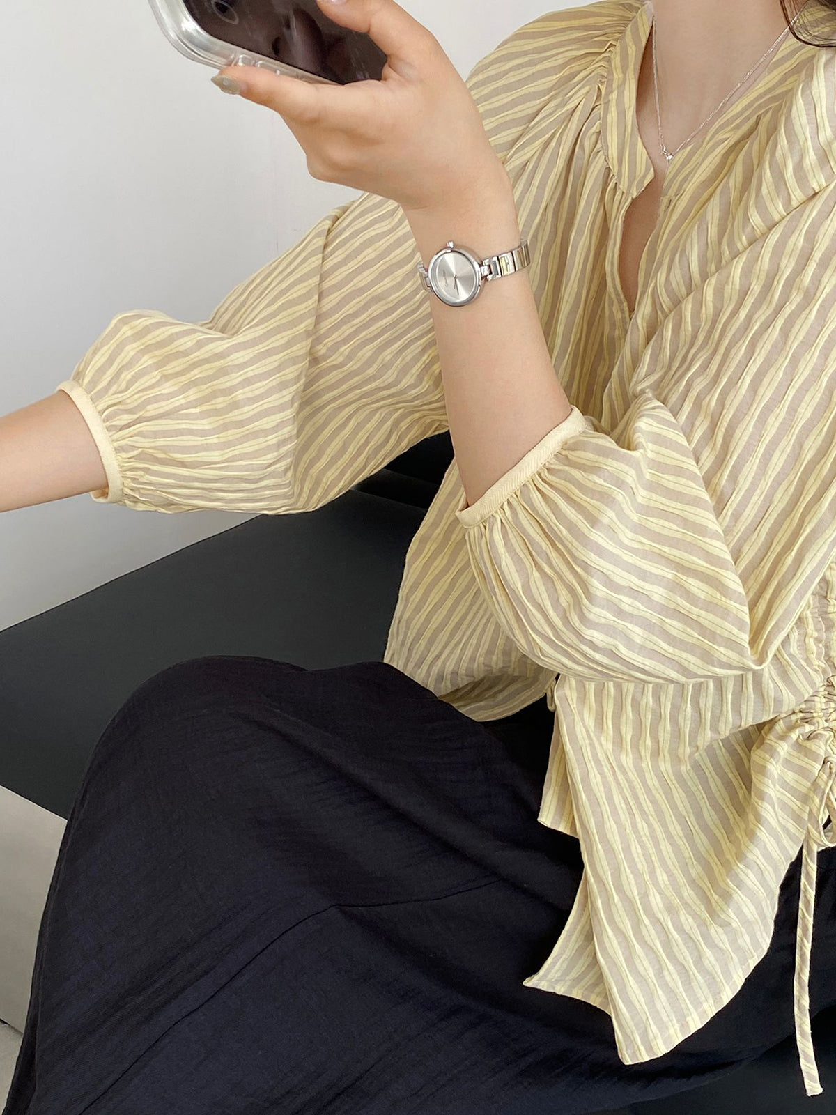 Sheer Stripe Loop Button Fluid Blouse — BL1142
