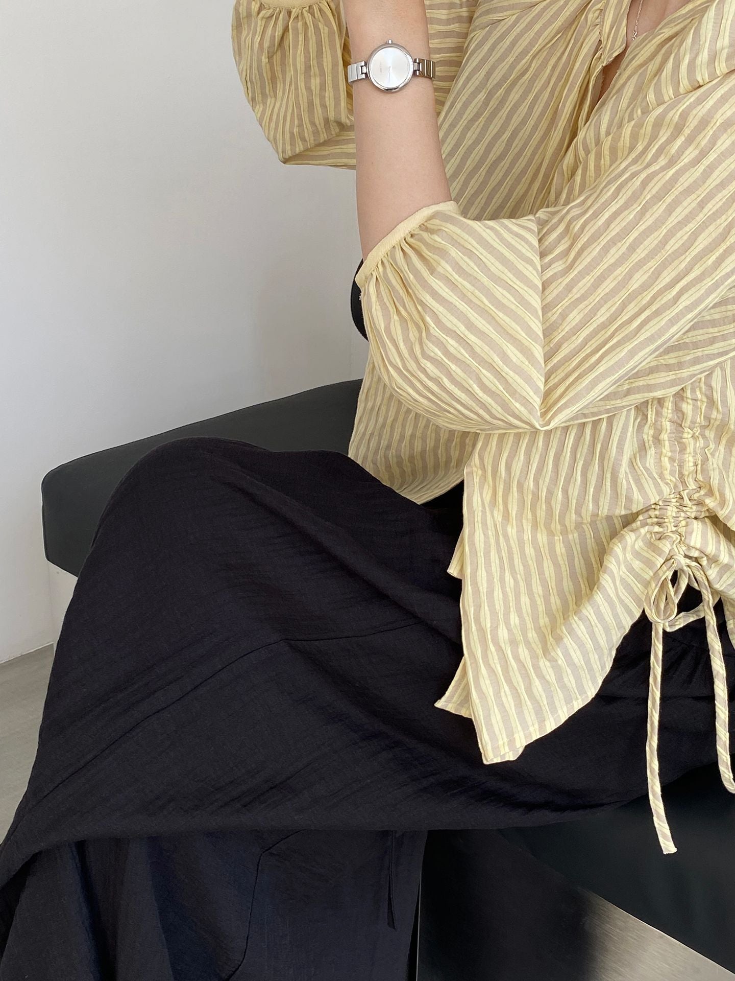 sheer stripe loop button fluid blouse — BL1142
